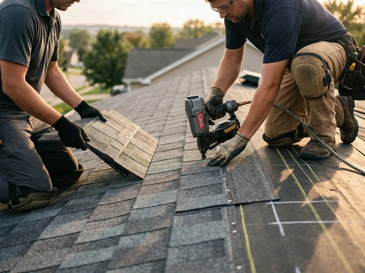 Professional roofer working on a residential roof in Sulphur Springs